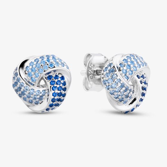 Sterling Silver Rhodium Plated Blue Cubic Zirconia Pave Knot Stud Earrings 8.57.0030
