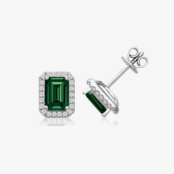 Sterling Silver Emerald Cut Green Cubic Zirconia Halo Stud Earrings SEG0027EM