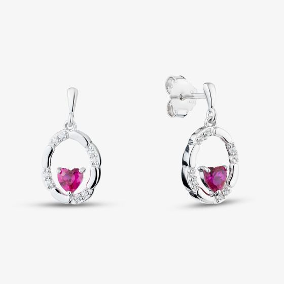 Sterling Silver Heart Shaped Pink Cubic Zircoia Oval Drop Stud Earrings AE24675Z-RSY/R