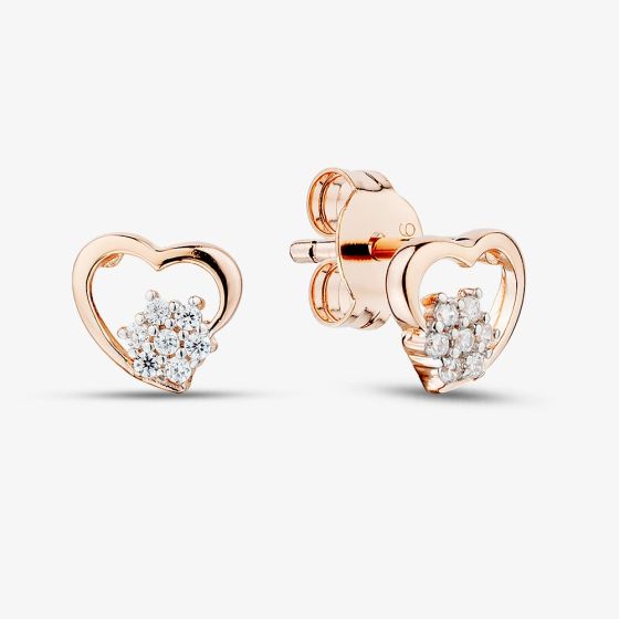 Rose Gold Tone Plated Sterling Silver Open Heart & Cubic Zirconia Flower Stud Earrings 05S2AZE607910