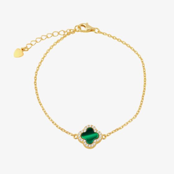 LUXE Silver Gold Plated Malachite & Cubic Zirconia Clover Bracelet 8.23.7953