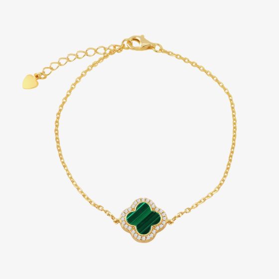 LUXE Silver Gold Plated Malachite & Cubic Zirconia Large Clover Bracelet 8.23.7963