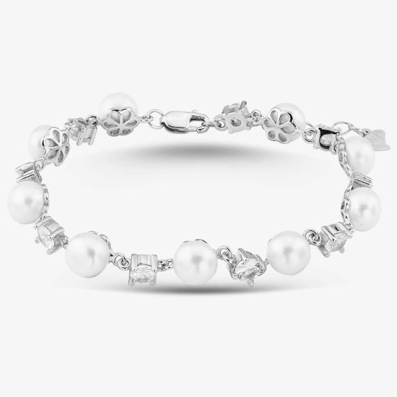 Silver Side Drilled Freshwater Pearl and Claw-set Cubic Zirconia Bracelet BRW70030FW