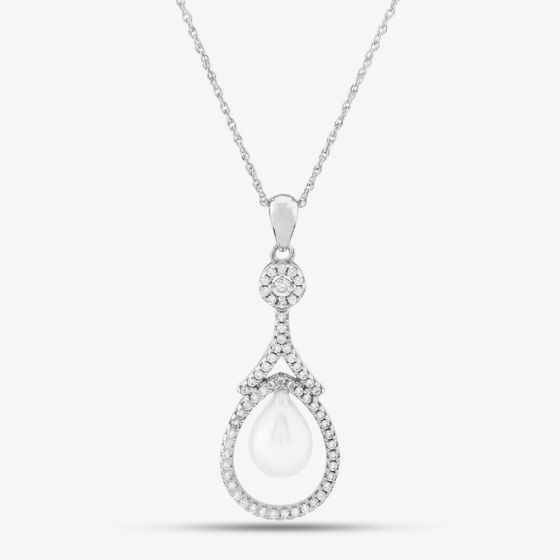 Silver Freshwater Pearl and Cubic Zirconia Teardrop Pendant PNW70093FW