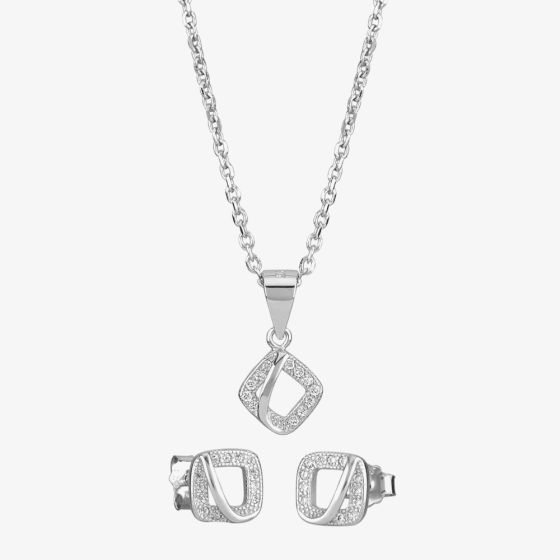 Silver Cubic Zirconia Open Square Pendant and Earring Set E610858+E610858-P