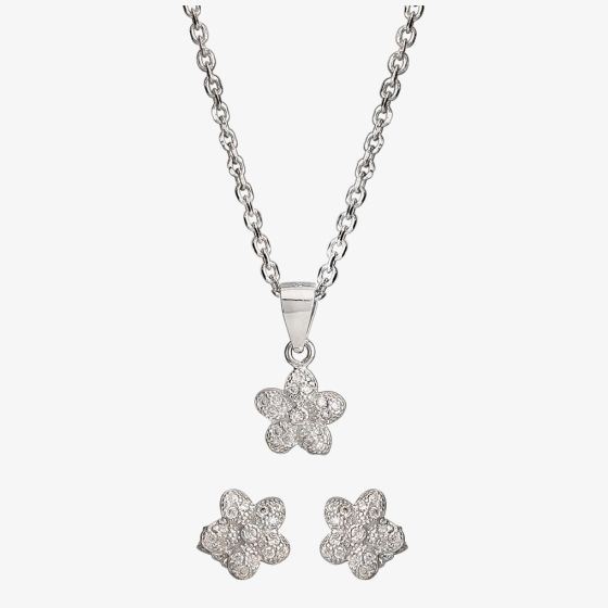 Silver Cubic Zirconia Textured Flower Pendant and Earring Set E610851+E610851-P