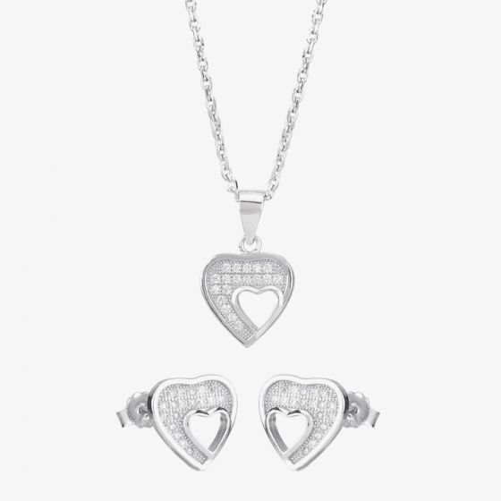 Silver Pave Cut-Out Heart Pendant and Earring Set E612067+E612067-P