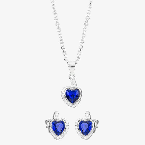 Silver Blue Cubic Zirconia Wrapped Heart Pendant and Earring Set E614598+E614598-P