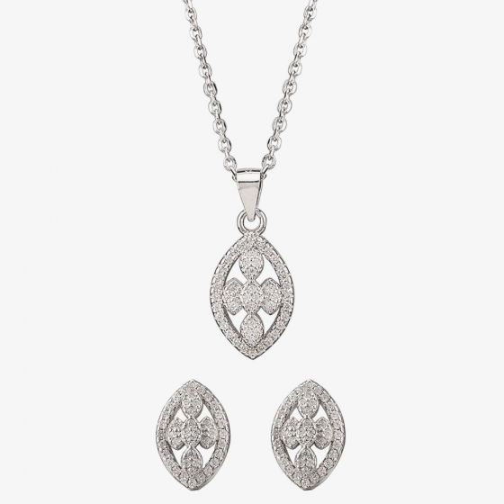 Silver Pave Open Marquise Pendant and Earring Set E614905+P614075