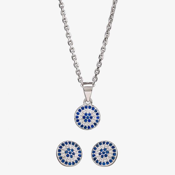 Silver Blue and White Cubic Zirconia Round Pendant and Earring Set SET9729