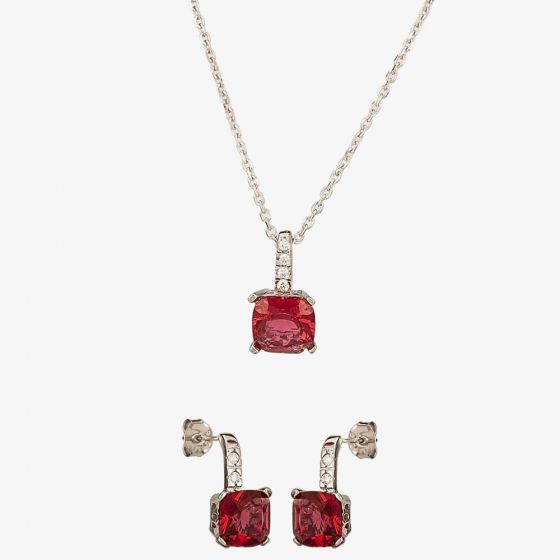 Silver Red Cubic Zirconia Cushion-cut Pendant and Dropper Earring Set SET0470