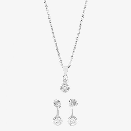 Silver Cubic Zirconia Bezel-set Graduated Pendant and Earring Set SET14071