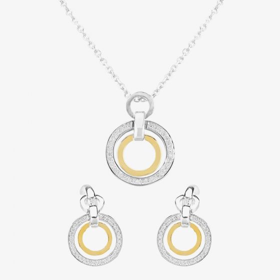 Two Tone Cubic Zirconia Double Open Circle Pendant and Earring Set SET12423