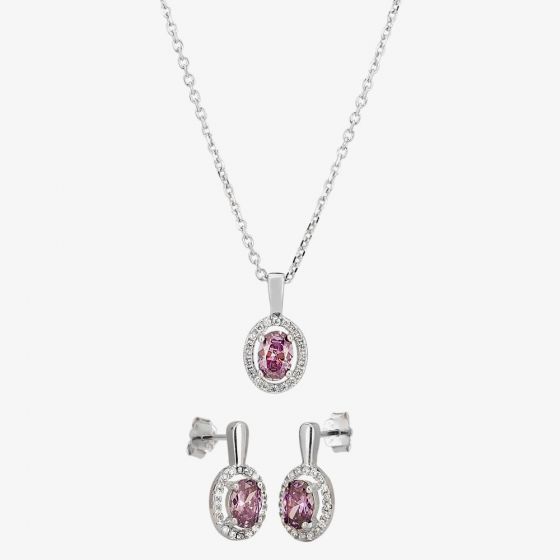 Silver Lilac Cubic Zirconia Oval Pendant and Dropper Earring Set SET9649