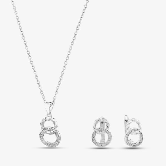 Silver & Cubic Zirconia Interlinked Double Circle Necklace & Earring Set SET16794 