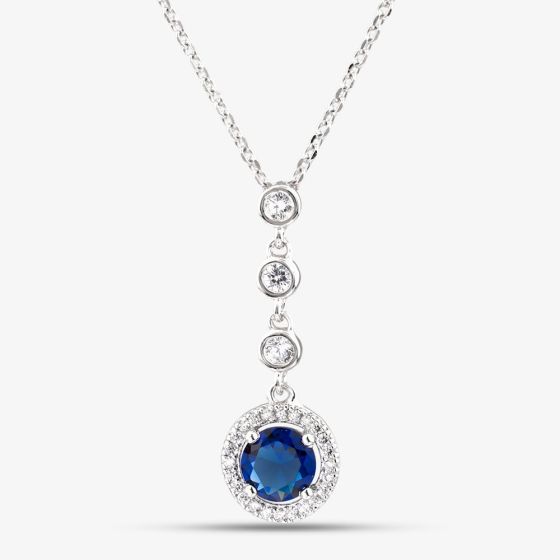 Starbright Sterling Silver Blue Cubic Zirconia Halo Cluster Pendant Necklace THB-05p SAP