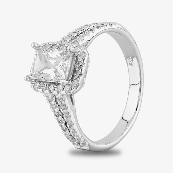 Starbright Silver Baguette-Cut Cubic Zirconia Halo Split Shouldered Ring R6160 3A