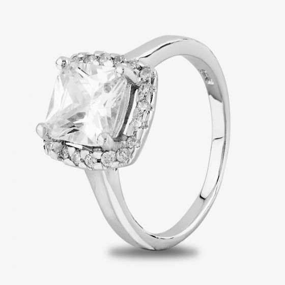 Starbright Silver Square-cut Cubic Zirconia Halo Ring R7048 3A