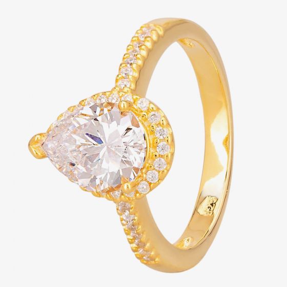 Starbright Gold Pear-Cut Cubic Zirconia Halo Shouldered Ring R6163 3A GP