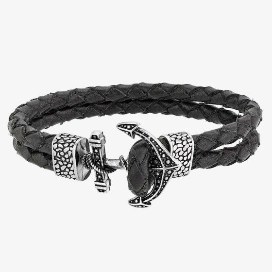 Bourne and Wilde Mens Double Black Leather Anchor Bracelet OSB-1730SBK