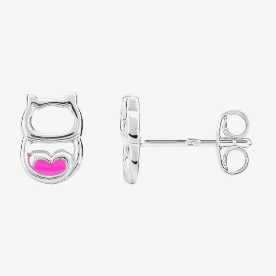 Fleur Kids Sterling Silver Pink Enamel Open Owl Stud Earrings AZE288804
