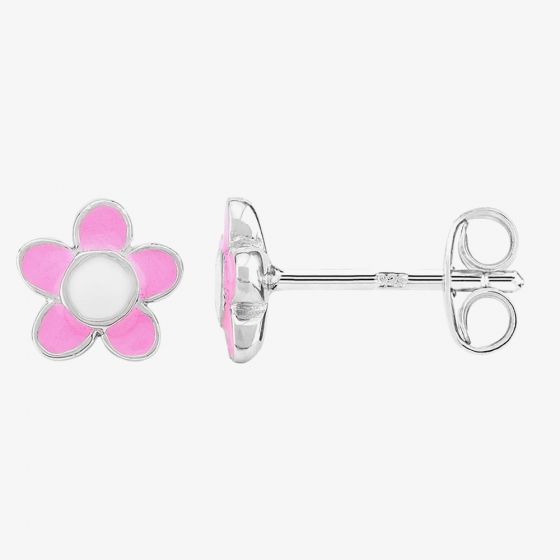 Fleur Kids Sterling Silver Pink And White Enamel Flower Stud Earrings AZE087904