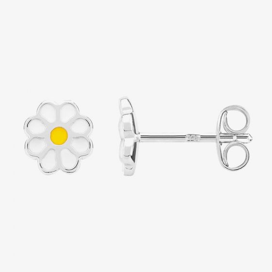 Fleur Kids Sterling Silver White And Yellow Enamel Flower Stud Earrings AZE030104