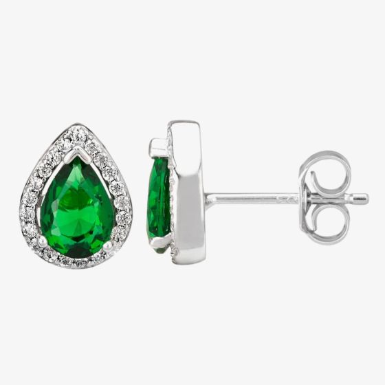 Morado Silver Pear-cut Green Cubic Zirconia Halo Stud Earrings THB-01E GRN