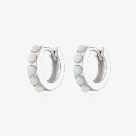 Scream Pretty Silver Rhodium Plated Plated White Opal Huggie Hoop Earrings SPESS108-WHITE