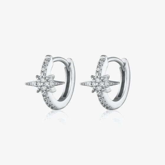 Scream Pretty Starburst Silver Rhodium Plated Cubic Zirconia Star Huggie Hoop Earrings SPS-217