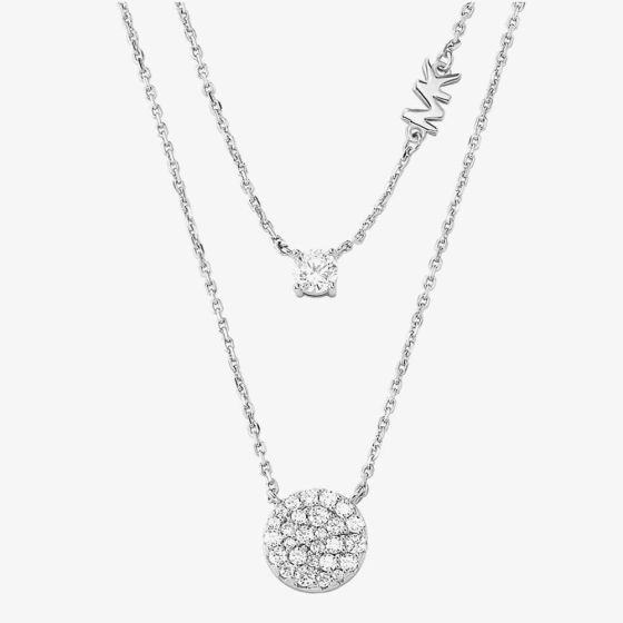 Michael Kors Silver Round Crystal MK Double Layered Necklace MKC1591AN040