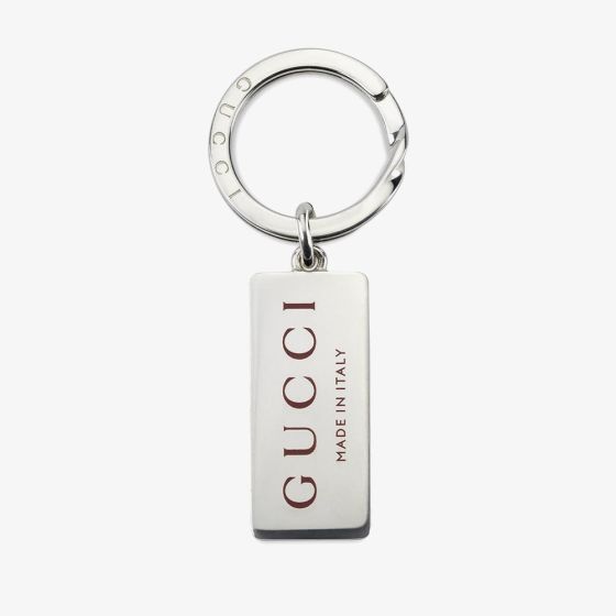 Gucci Trademark Sterling Silver Red Enamel Engraved Keyring YBF82057000100U