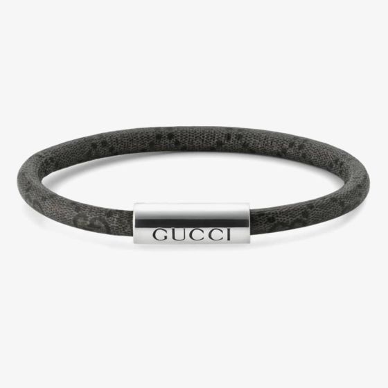 Gucci Trademark Silver & Black Leather Bracelet YBA79715600201