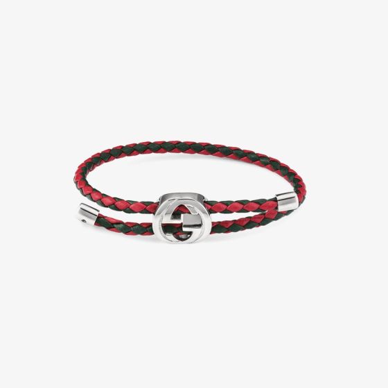 Gucci Web Silver & Braided Red & Green Leather Bracelet YBA87434300100U