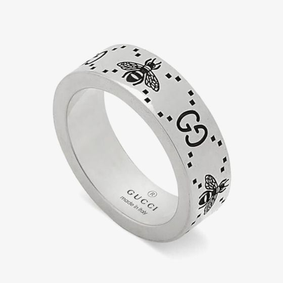 Gucci Signature Silver GG & Bee 6mm Band Ring YBC7283890010