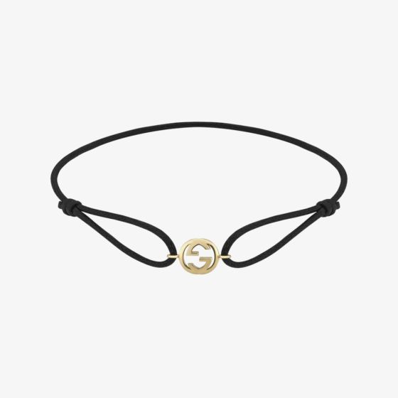 Gucci Interlocking 18ct Yellow Gold Black Cord Charm Bracelet YBA87473800100U