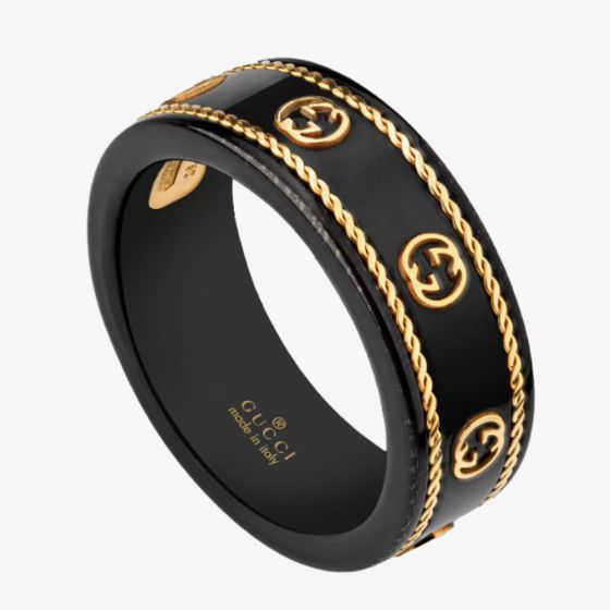 Gucci Icon 18ct Yellow Gold Black Corundum Interlocking Band Ring YBC6068260010