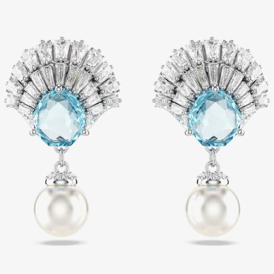 Swarovski Idyllia Rhodium Plated Blue Sheel & Pearl Dropper Earrings 5680301