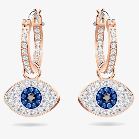 Swarovski Duo Rose Gold Tone Blue Evil Eye Hoop Earrings 5425857
