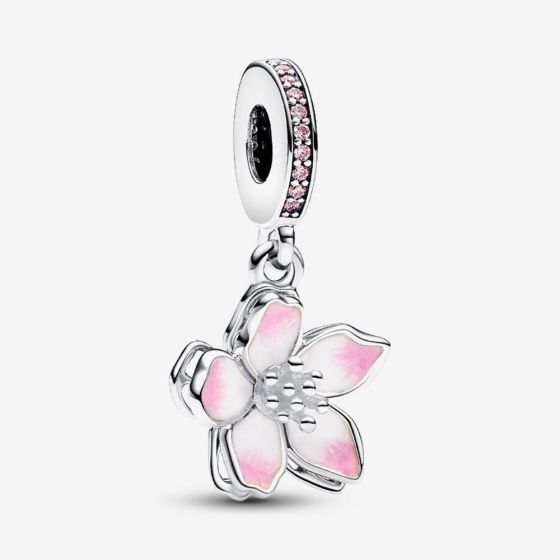 PANDORA Silver Pink Cherry Blossom Dangle Charm 790667C01