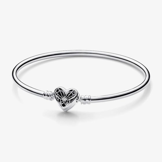PANDORA Moments Silver Butterfly Heart Clasp Bangle 592593C01