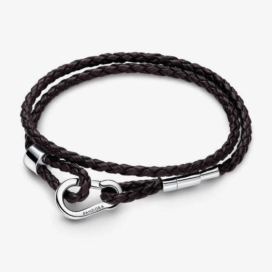PANDORA Moments Brown Braided Double Leather Bracelet 593338C01