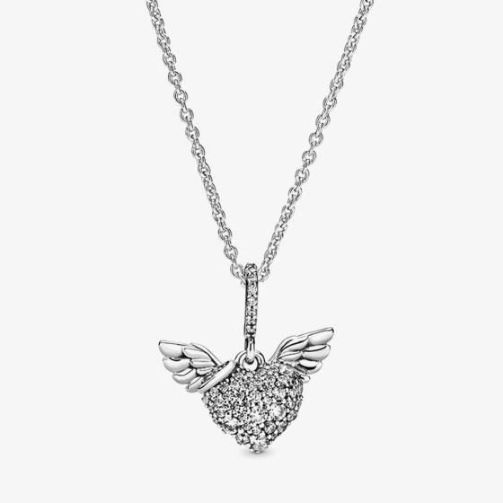 PANDORA Silver Pave Heart and Angel Wings Necklace 398505C01-45