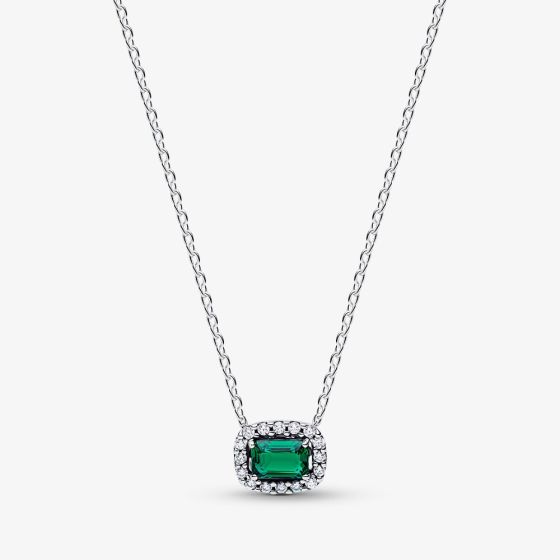 PANDORA Silver Rectangular Sparkling Green Halo Necklace 394503C01-45