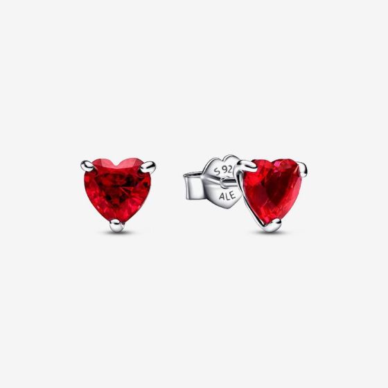 PANDORA Silver Red Crystal Heart Stud Earrings 292549C01