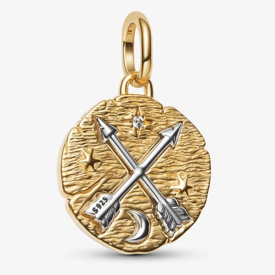 PANDORA 14ct Yellow Gold Plated Cubic Zirconia Crossing Arrows Medallion Dangle Charm 764081C01