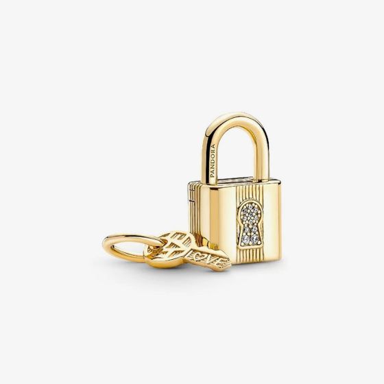 PANDORA 14ct Yellow Gold Plated Padlock & Key Dangle Charm 760088C01