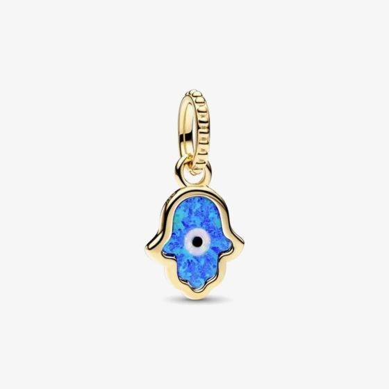 PANDORA 14ct Yellow Gold Opalescent Blue Hamsa Hand Dangle Charm 762699C01