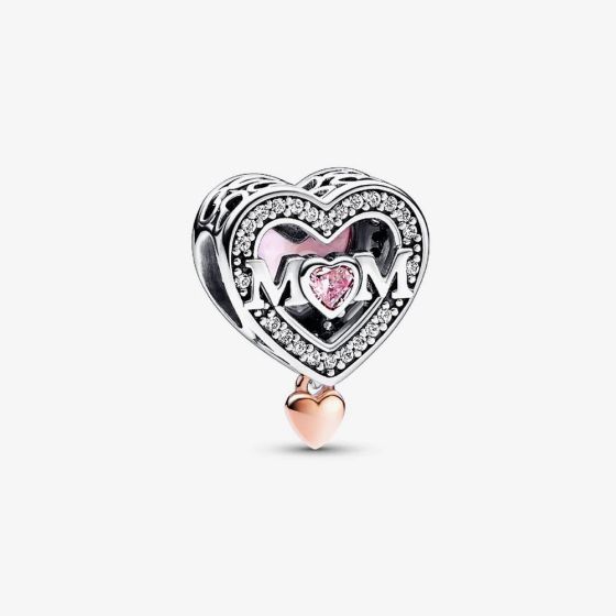 PANDORA Two Tone Cubic Zirconia Openwork Mom & Heart Dangle Charm 782653C01