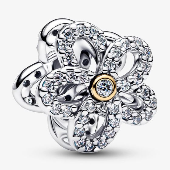 PANDORA Silver 14ct Gold Plated Pavé Flower Openwork Charm 764480C01